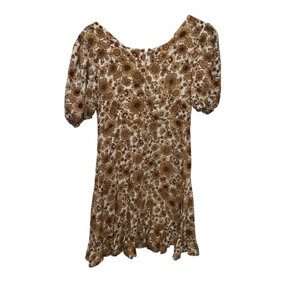 Faithfull The Brand Beige Balloon Sleeves Back Zipper Floral Mini Dress Women's - Picture 2 of 8